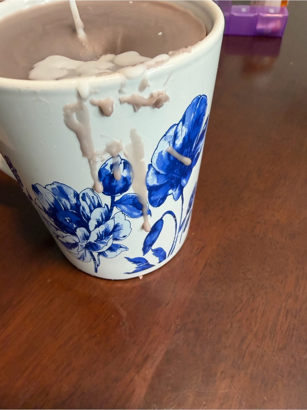 White Ceramic Vase with Blue Floral Motif Candle Hand Made